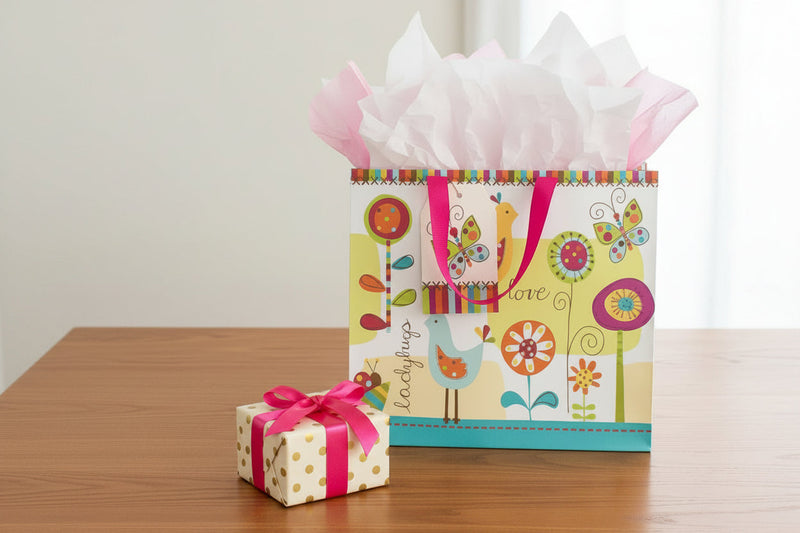A colorful paper gift bag with bright pink handles, featuring whimsical bird and flower illustrations, striped accents, and decorative text on a white studio background.