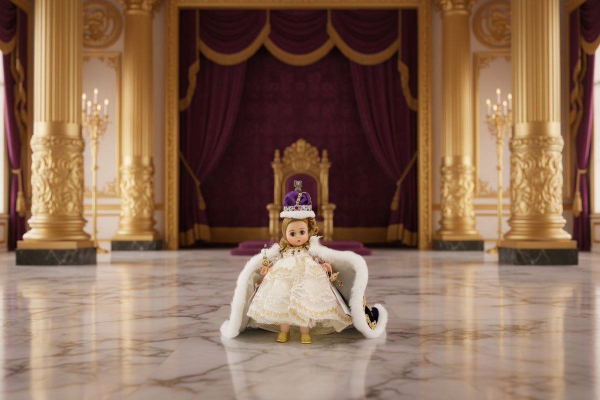 A vintage porcelain doll dressed as royalty, wearing an ornate white lace gown with gold embroidery, a white fur-trimmed cape, a purple and silver crown, and gold shoes, posed against a plain light background.