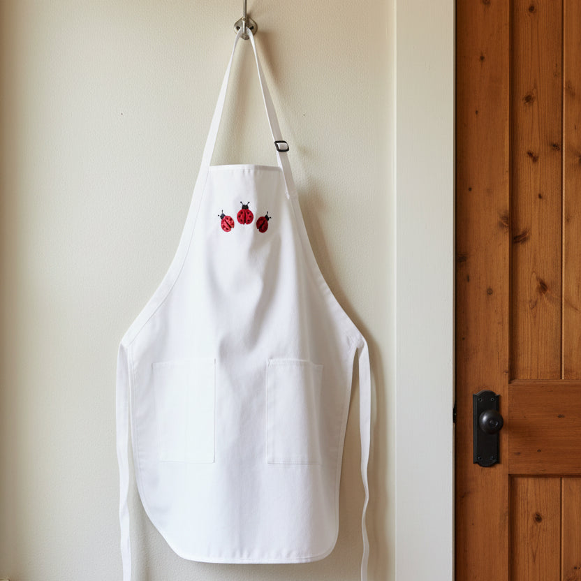 Ladybug Embroidered Apron with three red and black ladybug embroidered on the bib.  Add personalization for a special gift.