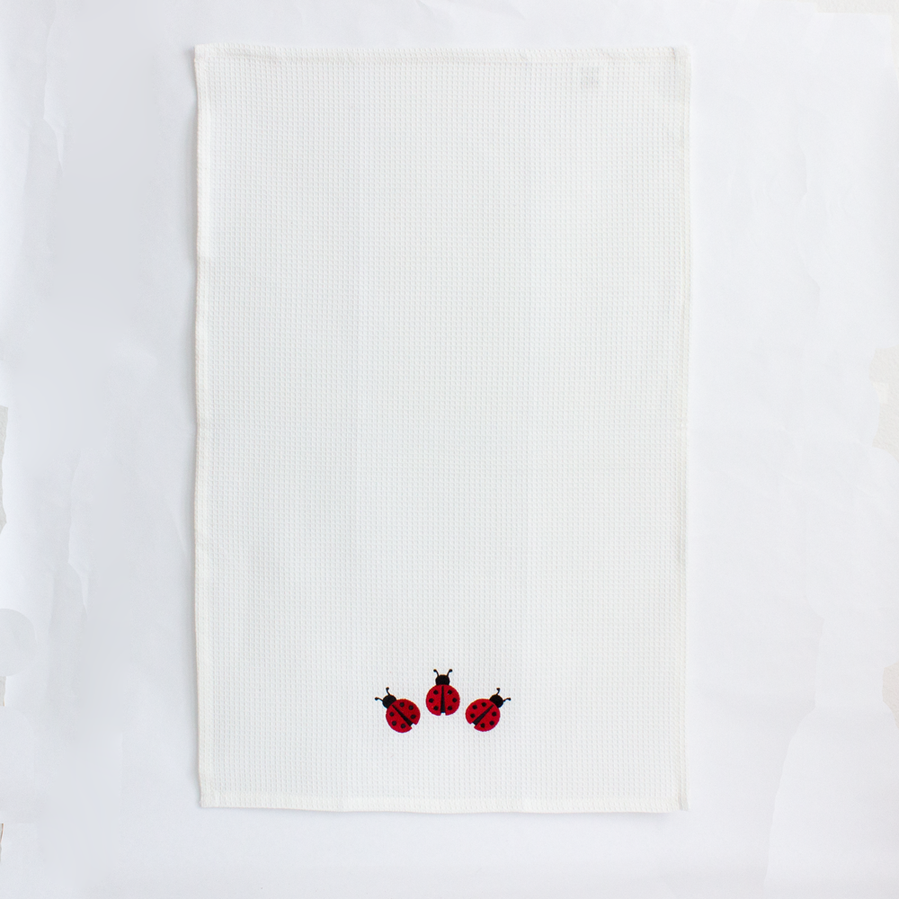Personalized Ladybug Embroidered Kitchen Tea Towel – 100% Cotton, Embroidered in USA
