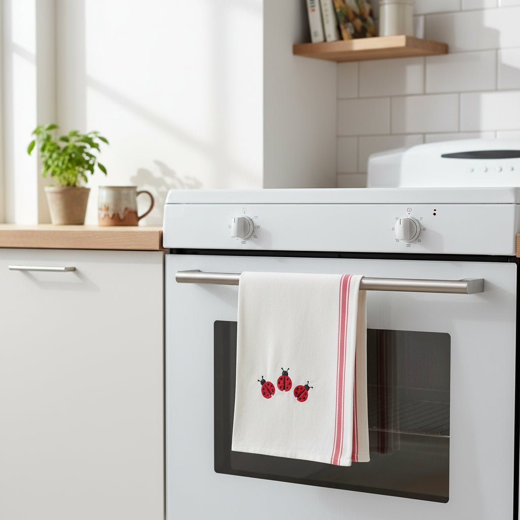 An off-white kitchen towel with red stripes and embroidered ladybugs, hanging.