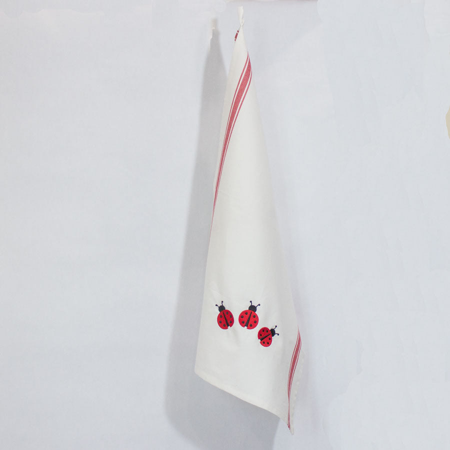 Personalized Ladybug Embroidered Tea Towel – Red Stripe Vintage Cotton Kitchen Towel