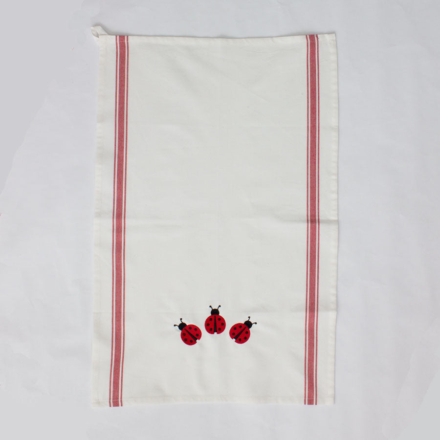 Personalized Ladybug Embroidered Tea Towel – Red Stripe Vintage Cotton Kitchen Towel