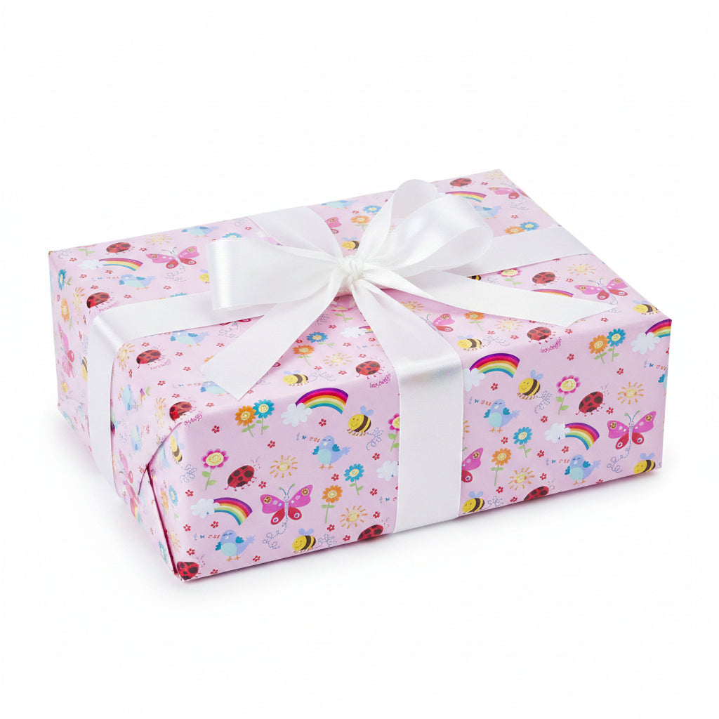 Light pink fabric with a colorful cartoon pattern featuring rainbows, ladybugs, bees, butterflies, flowers, and small birds.