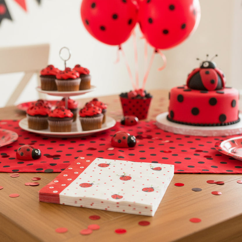 A red, white, and black ladybug-themed party table setup.