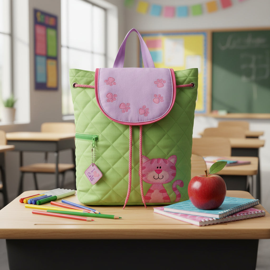 A quilted light green backpack with a lavender front flap decorated with pink paw prints, pink drawstring cords, a pink cat applique, and a small hanging tag.
