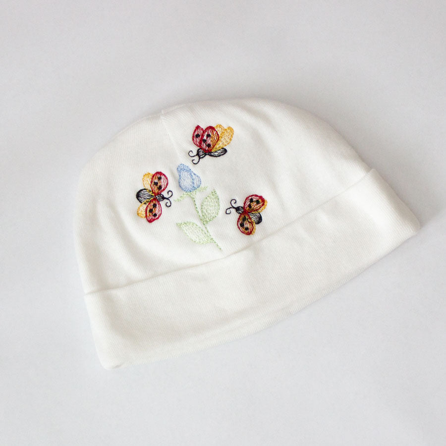 Newborn Ladybug Beanie with Blue Rose