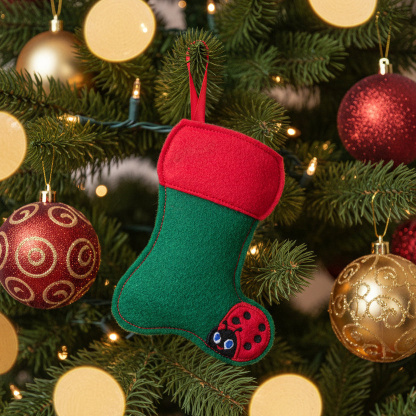 A felt Christmas stocking with a green body, red cuff and hanging ribbon, and a ladybug applique on the foot.