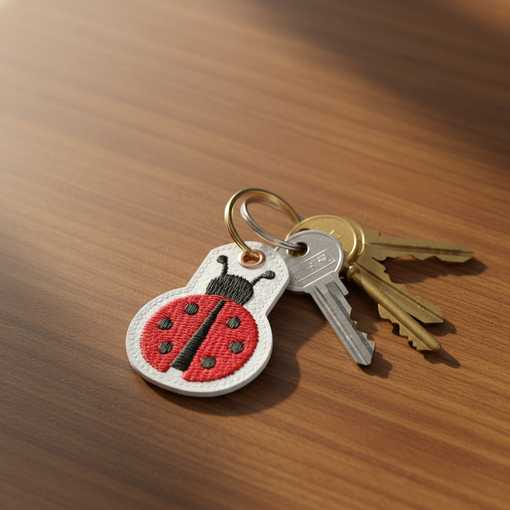 Embroidered ladybug keychain charm with a red and black body, white border, and a split ring.