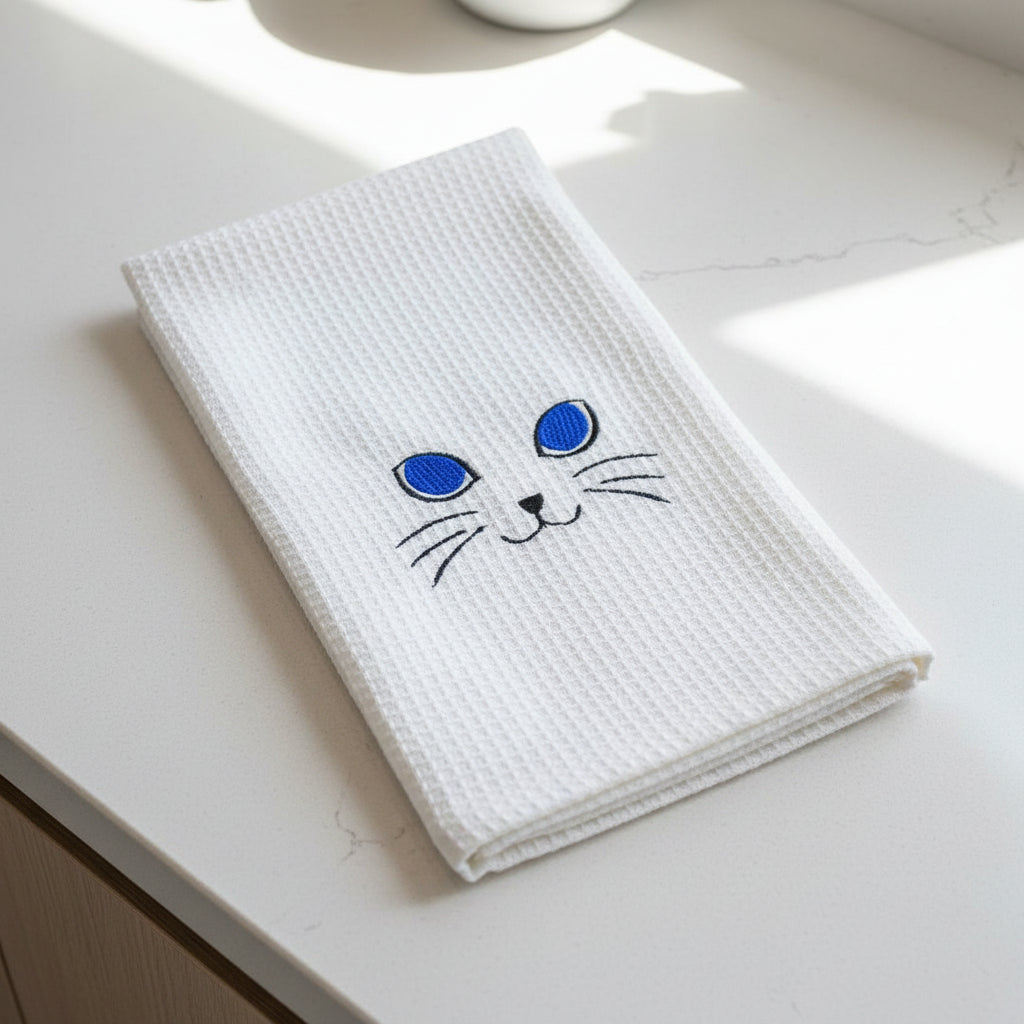 A folded white waffle-weave kitchen towel featuring a simple embroidered cat face with blue eyes, black whiskers, and a black nose on a plain white background.